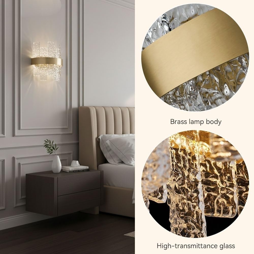 Modern Brass LED Wall Sconce, Rippled Glass Wall Lamp, Post Modern Minimalist Gold Light Fixture, Brushed Metal Accent for Living Room TV Wall Bedroom Bedside Hallway Corridor Hotel Parlor