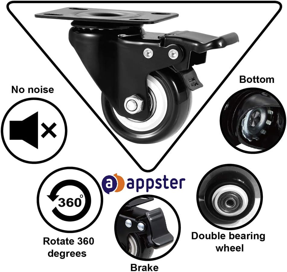 Image of 4pcs Caster Wheel Heavy Duty 280KG Load Capacity | Soft PU Swivel Castor Wheels with 360 Degree Rotating, No Noise - for Furniture, Trolley Cart, Sofa, Table - 2 with Brakes & 2 Without