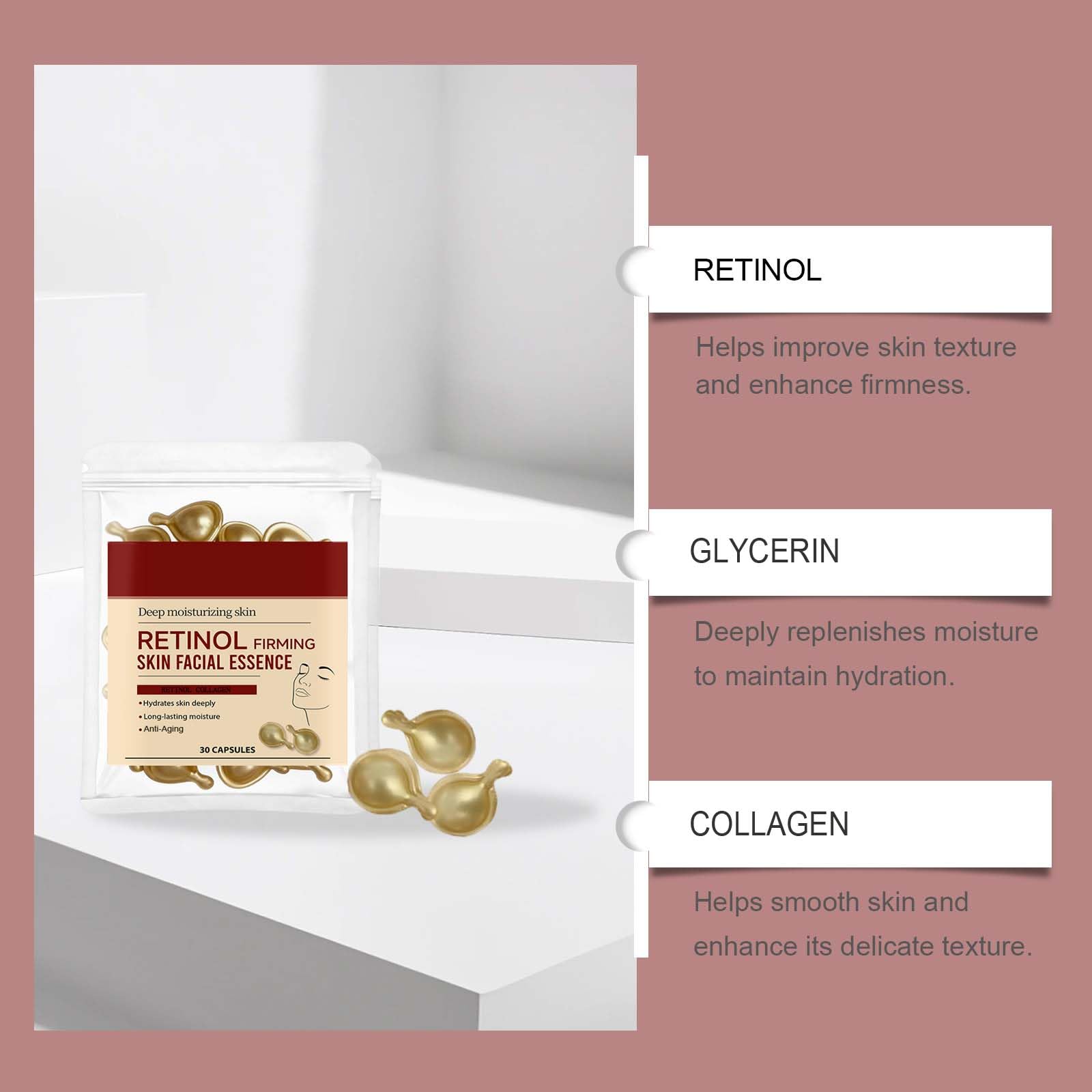 Retinol-Serum für das Gesicht, Kollagen-Anti-Aging-Gesichtscreme-Kapseln, straffende Feuchtigkeitscreme für das Gesicht, reduziert Falten, feine Linien, Kollagen für Frauen, Straffung (8Pcs)