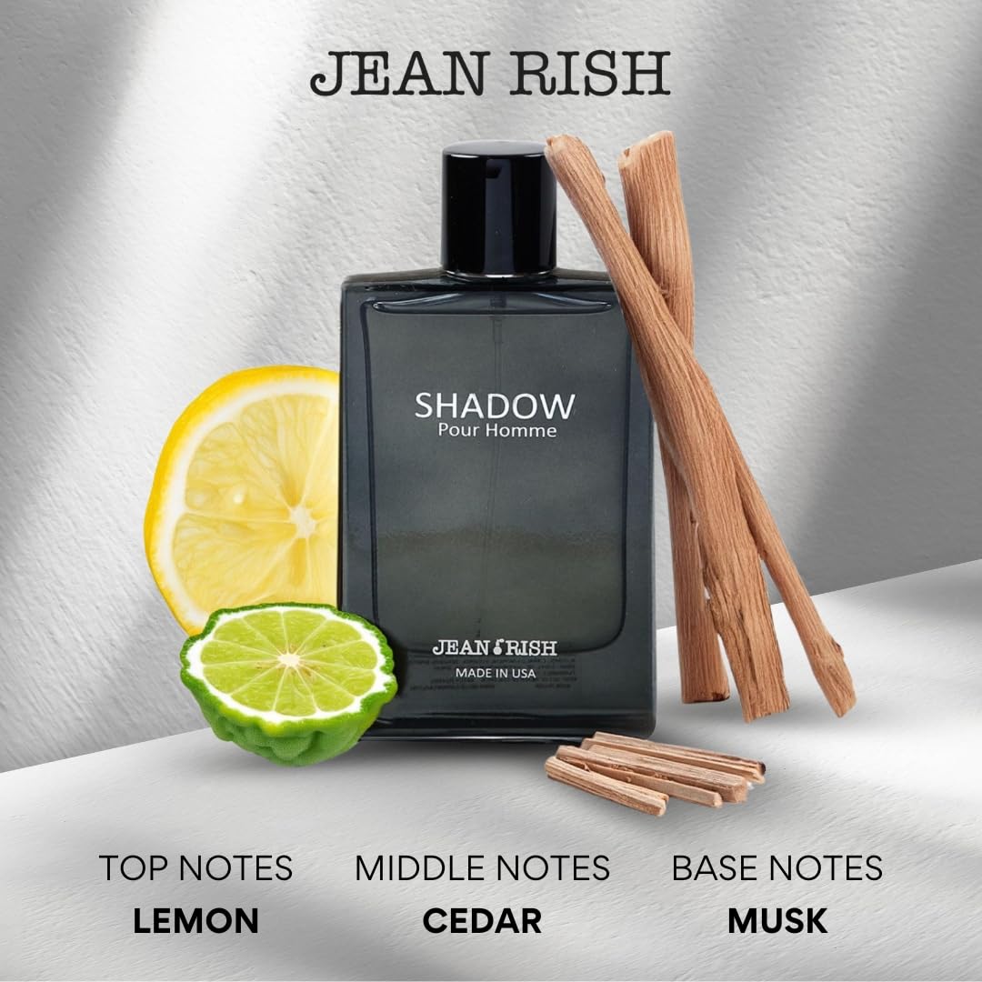 Jean Rish Shadow Pour Homme Eau De Toilette for Men (3.4 Fl Oz / 100ml) with Lemon, Cedar & Bergamot Notes - Long Lasting and Luxury Fragrance