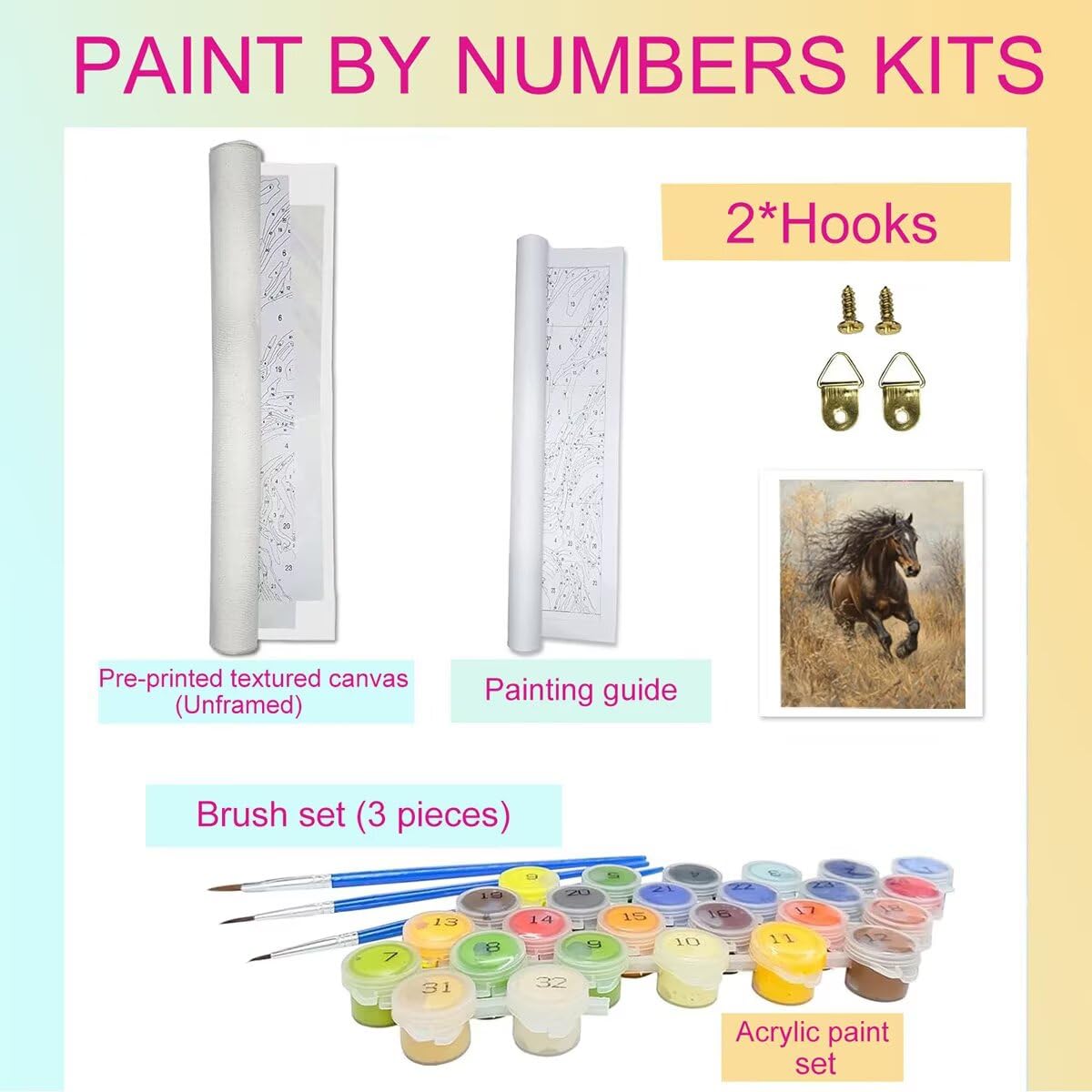 Dipingere con i Numeri Animale, Paint by Numbers Adulti Cavallo, Fai da te Creativi Adulti Quadri da Dipingere Numerati Kit per Decorazione Della Parete di Casa, Regalo 70x95 cm Senza Cornice 01-B