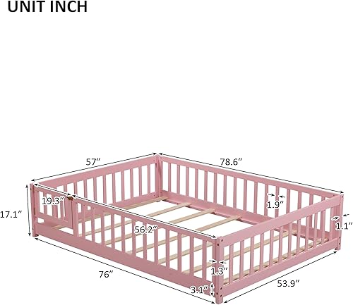 Miniatura 36 de Cama de plataforma de suelo de tamaño individual con valla, cama de madera para niños, cama de cerca para niños con puerta, no necesita somier