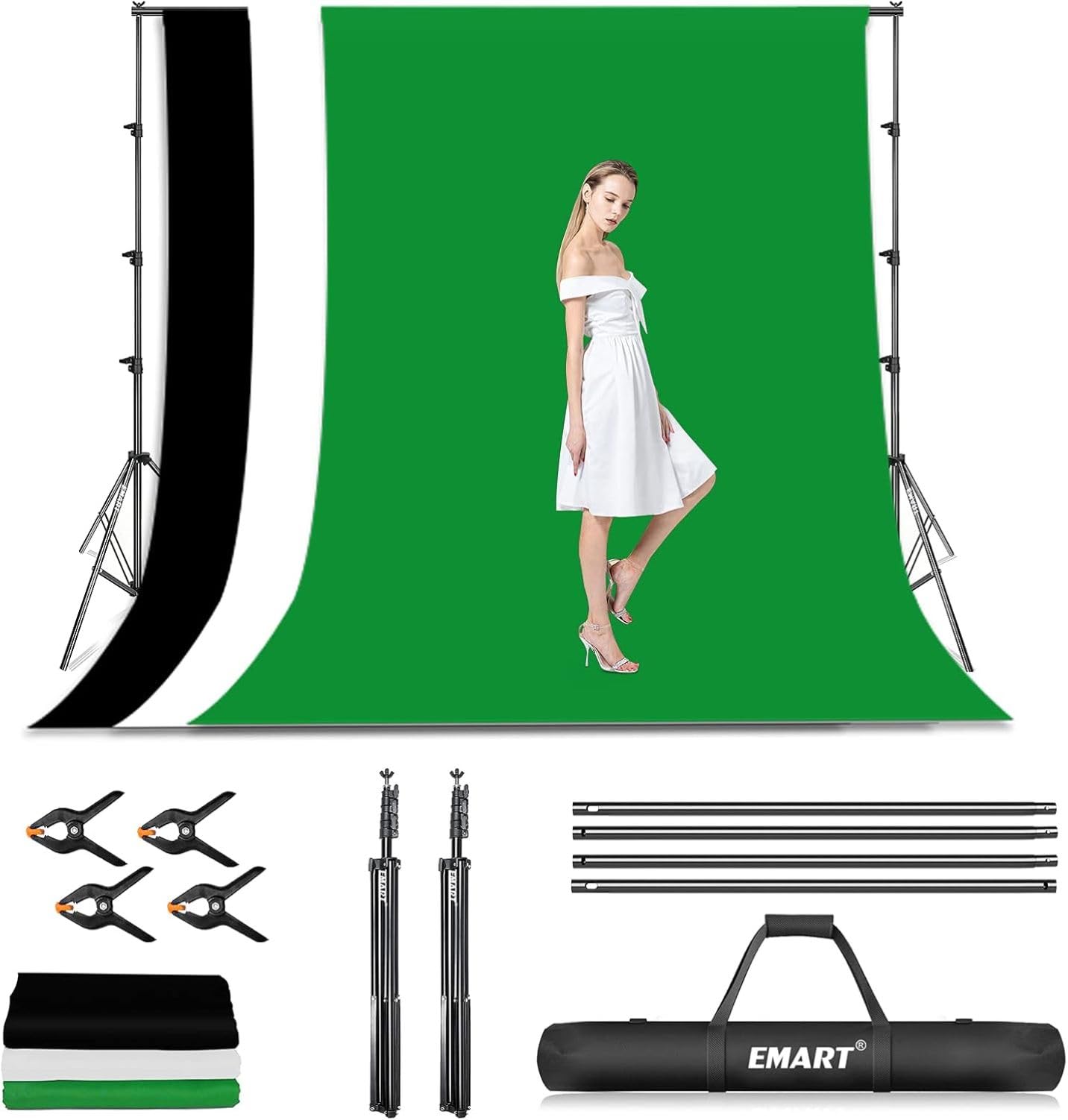 EMART 2,6x3m Sistema di Supporto Sfondo Fotografico con 3 Sfondi in Mussola | Nero, Bianco, Verde, Supporti Fondale, Ritratto, Studio Fotografia, Streaming Video