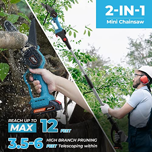【2-In-1】Znp Mini Chainsaw & Cordless Pole Saw For Tree Trimming, 6'' Electric Brushless Chainsaw With Retractable Extension Rod, Max Length 6 Feet, With 21V 2.0Ah*2 Replaceable Batteries #TOP1