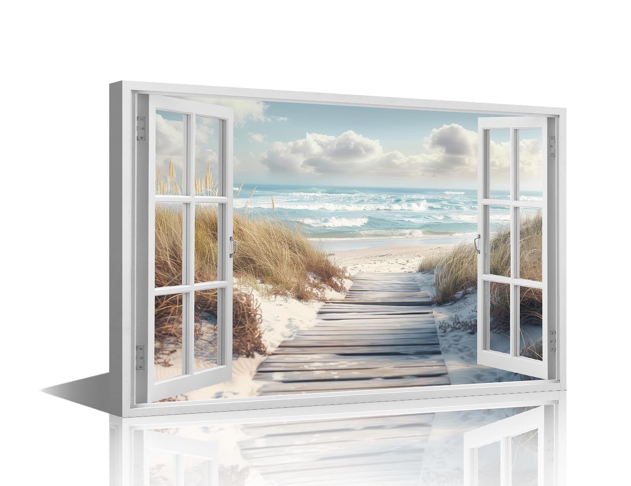 TISHIRON Beach Scene Wall Art for Bedroom 3D Window View Canvas Art Wall Decor Coastal Modern Wall Art Pictures for Living Room Artwork Paintings Giclee Framed Ready to Hang, 36x24in