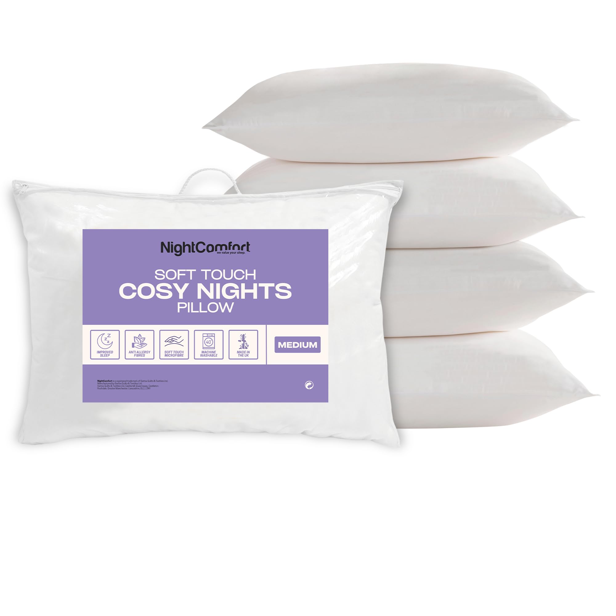 Night Comfort Pack Of 4 Cosy Nights Hotel Quality White Pillow - Hypoallergenic Medium Support Pillows For Back Sleepers Filled With Bouncy Hollowfibre Big Pillows For Bed