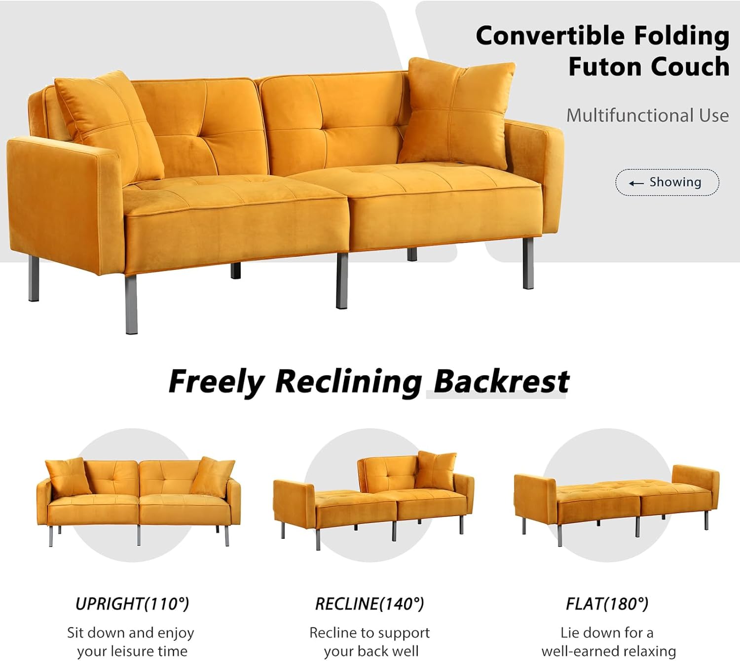 Linen Folding Futon Sofa Bed for Small Living Space, Home Office, Apartment, Dorm Upholstered Modern Convertible Loveseat Futon Couch, Sleeper Sofa Living Room Furniture (Yellow)