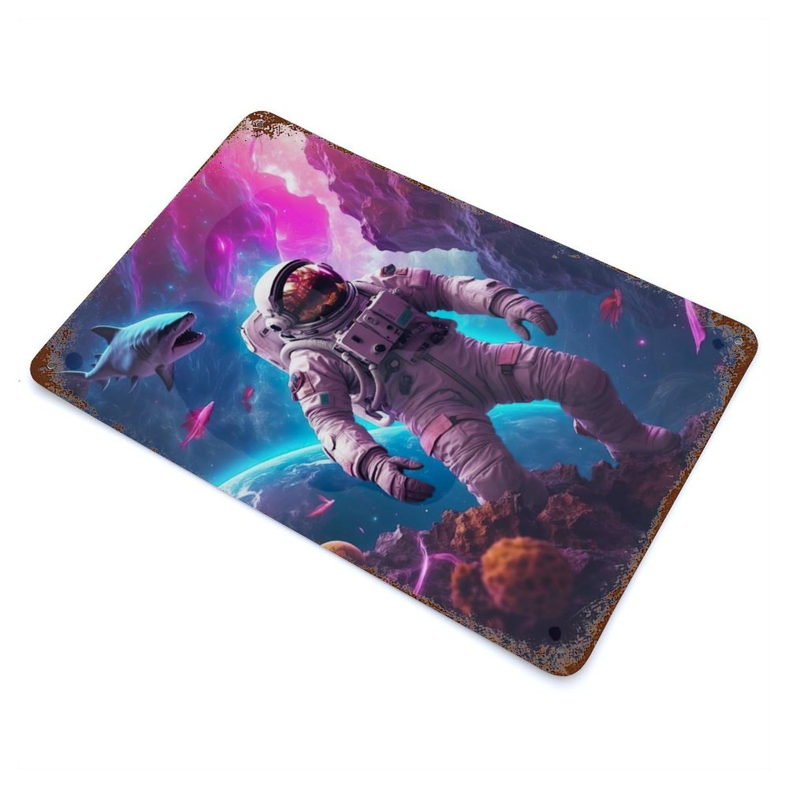 Astronaut in Space Shark Retro Metal Sign 11.8"x7.9", Classic Wall Plaque for Garage, Pub Or Kitchen