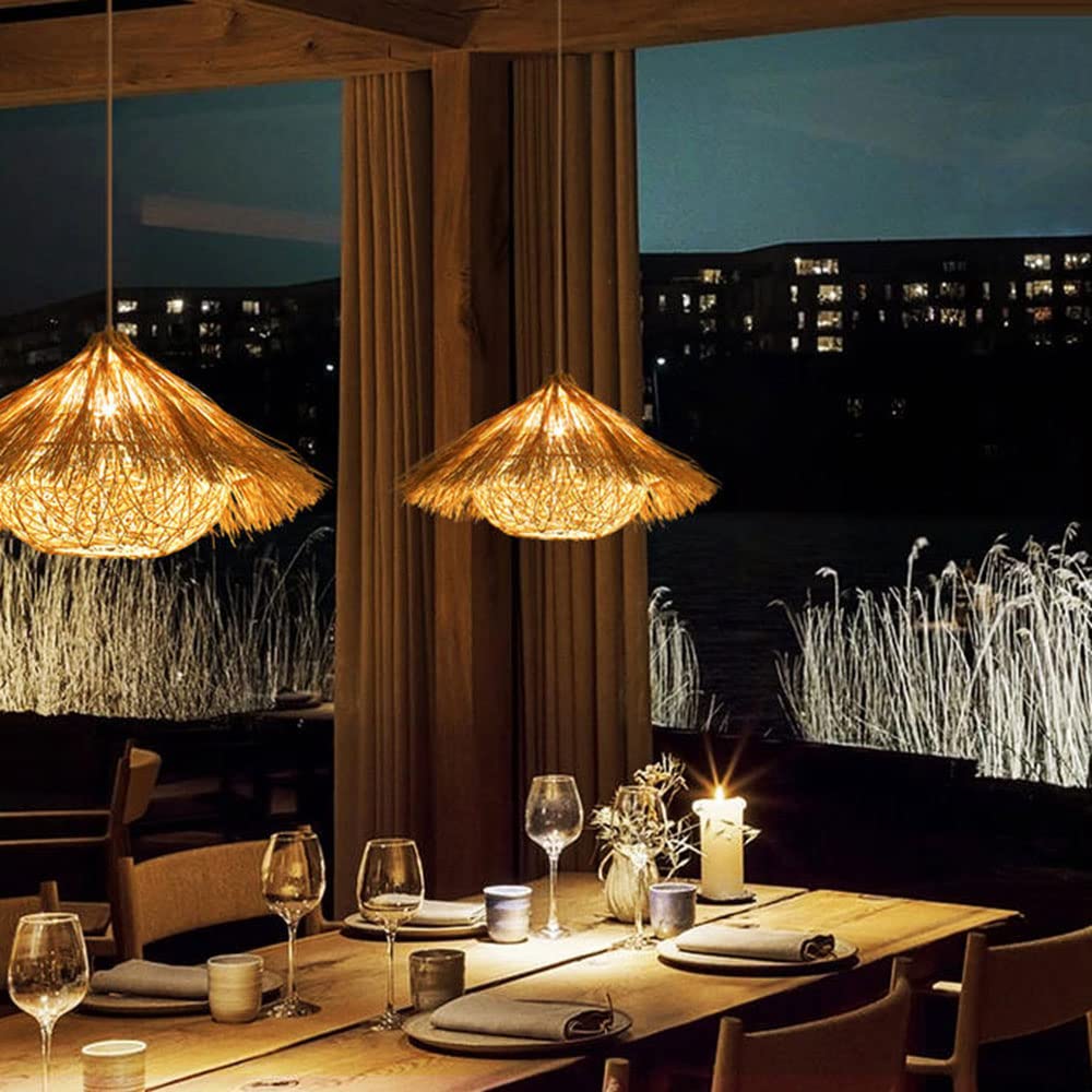 Candelabro De Mimbre Retro Con Pantalla De Lámpara Tejida De Nido De Pájaro Lámpara Colgante De Estilo Japonés De Bambú Natural Lámpara Colgante De Mimbre Para Sala De Estar Farmhouse De 1 Luces