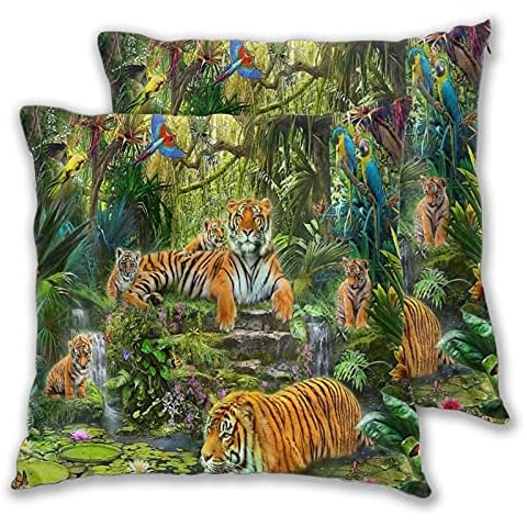 YUDILINSA Throw Pillow Covers,Waterfall Sunset Wildlife Nature Tiger Big Cats Jungle Animals Botanical Flower Tree Plant,Pack of 2 Soft Square Cushion Covers Pillow Case Sofa Couch Bedroom,55x55cm Cover