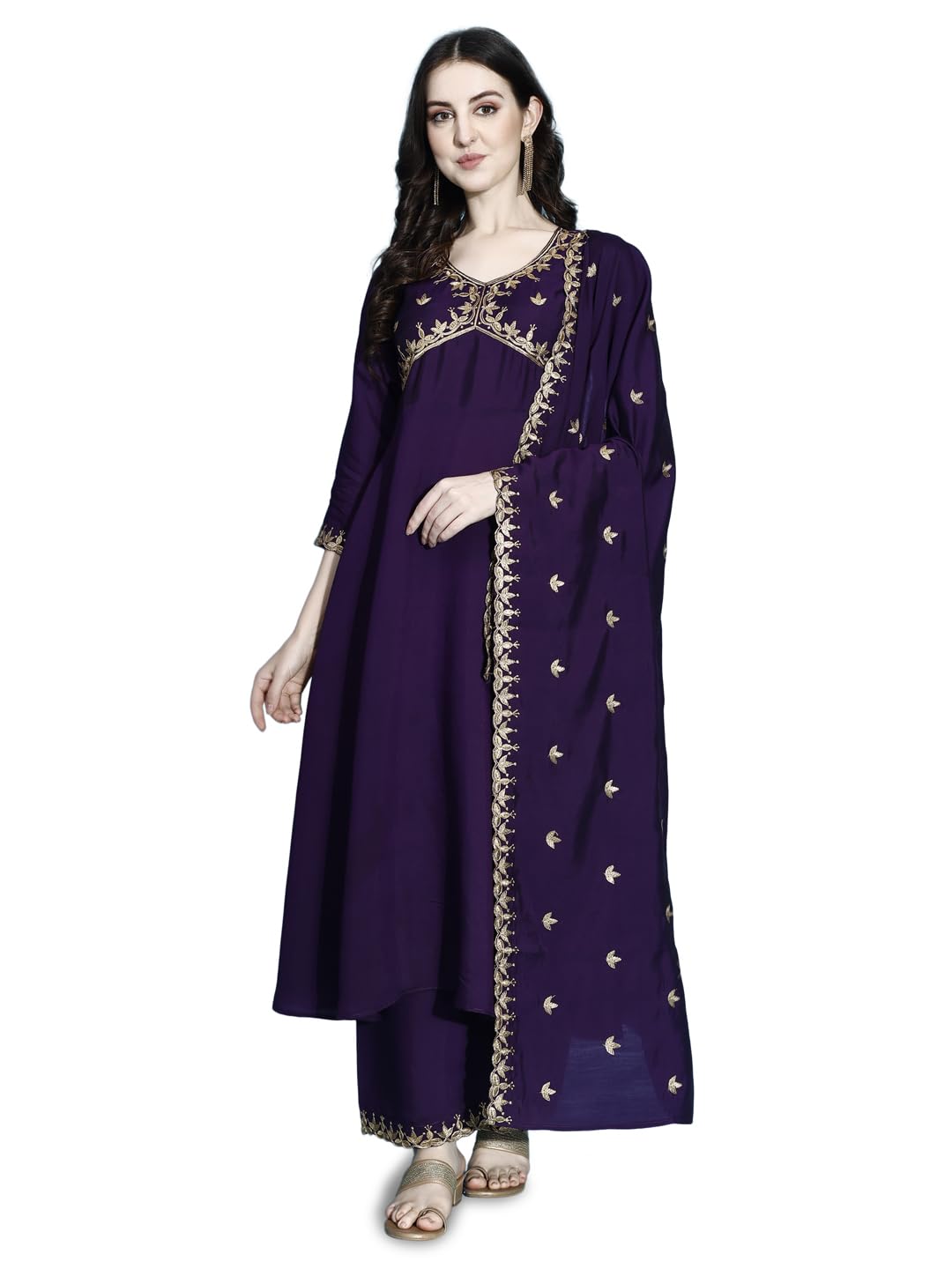 Pratham Blue Kurta Set For Women Silk Embroidered Anarkali Kurta Set For Women With Palazzos And Dupatta (Pb-6168-M_Purple)