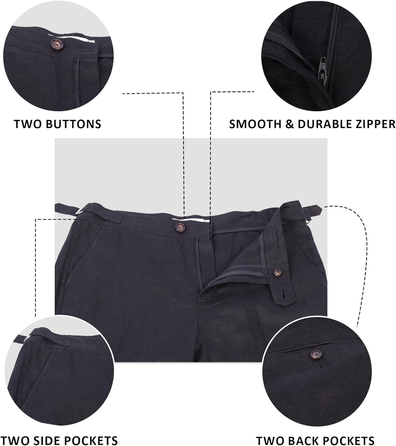Men's 100% Linen Pants with Adjustable Tabs Breathable Mid-Weight Tapered Leg Trousers for Casual Office Travel