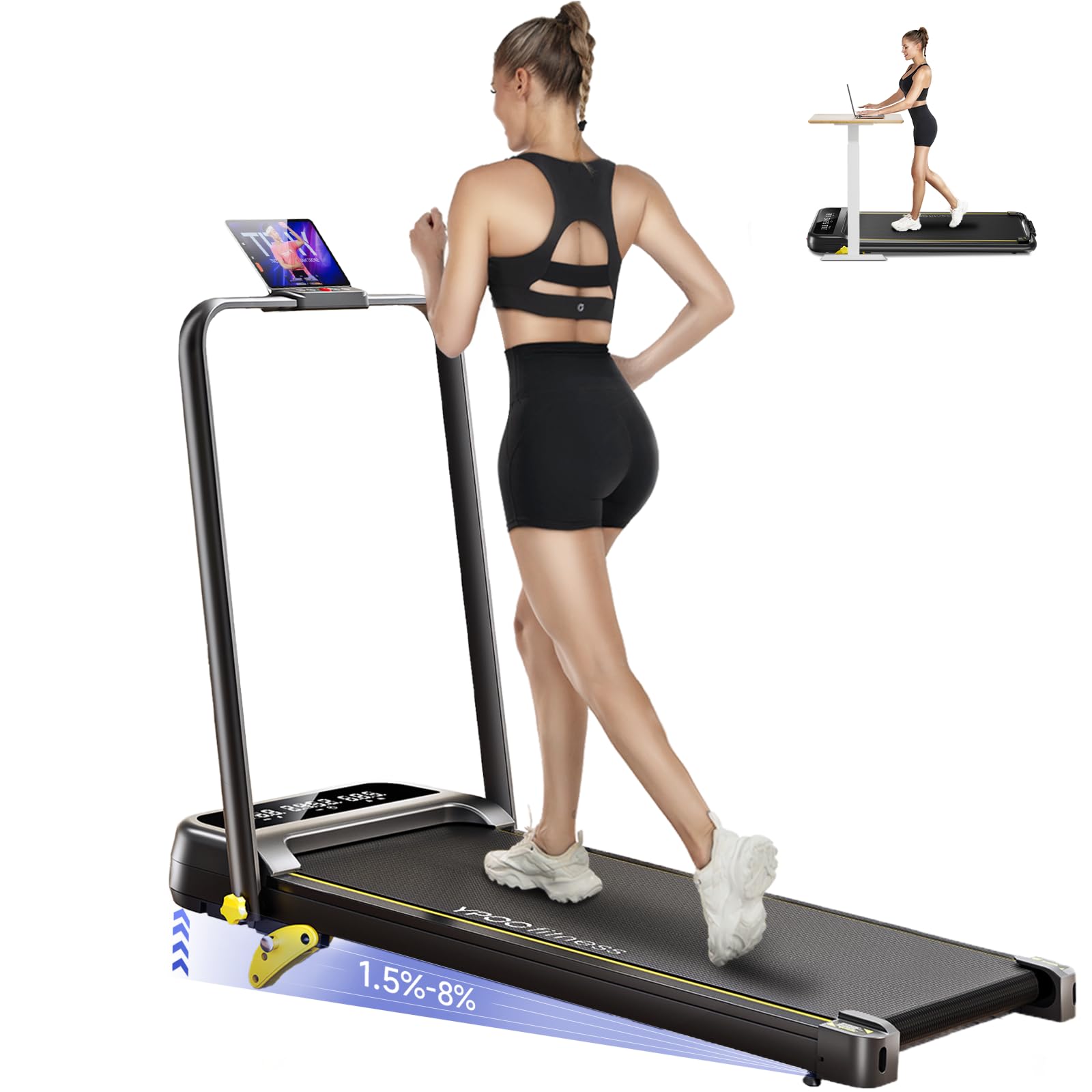 Foldable Treadmill with Incline, Walking Pad with Handle Bar 3 Level Incline, Portable Folding Treadmills for Home/Office 300 Lbs Capacity, Quiet Desk Treadmill with Remote Control & APP