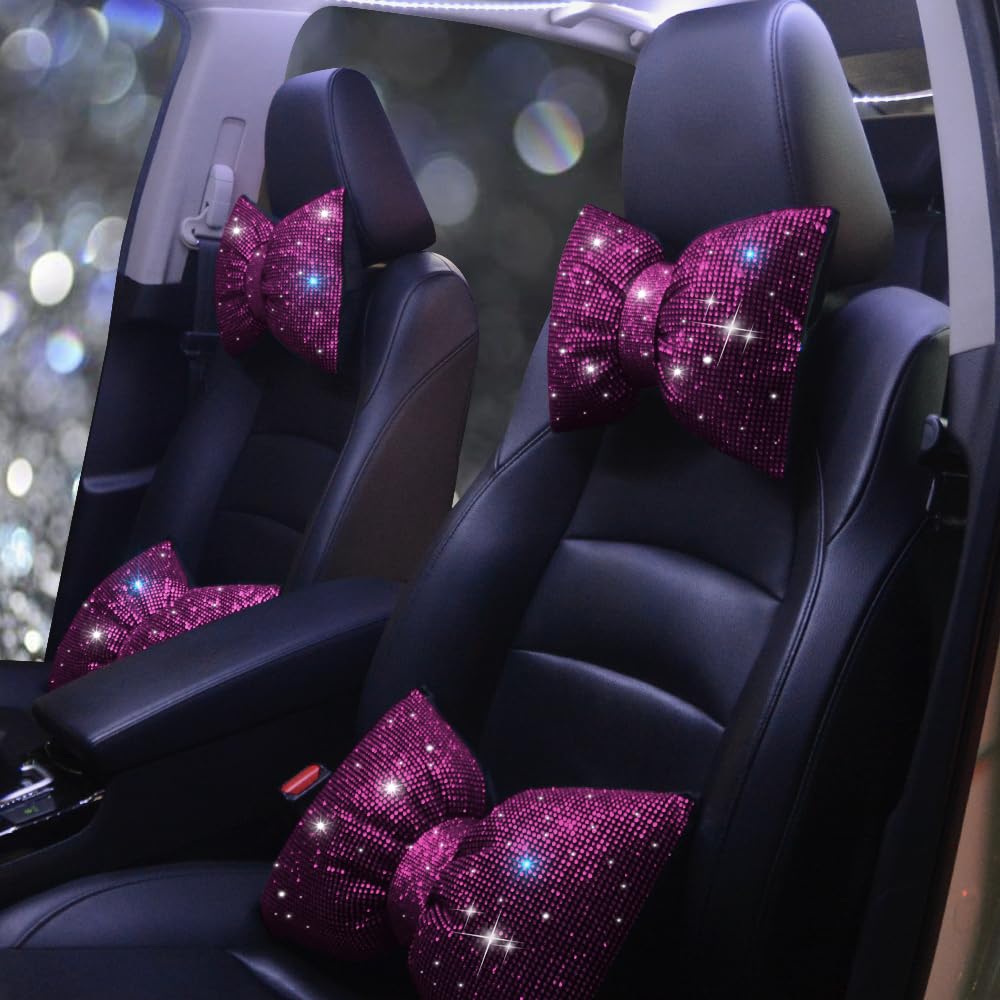 Crystal Seat Head-Rest Pillow Bow Tie Car Neck Headrest Cushion Bling Bling Rhinestones Diamond for Car Girls and Women Neck Support Interior Bling Accessories Purple 2Pcs