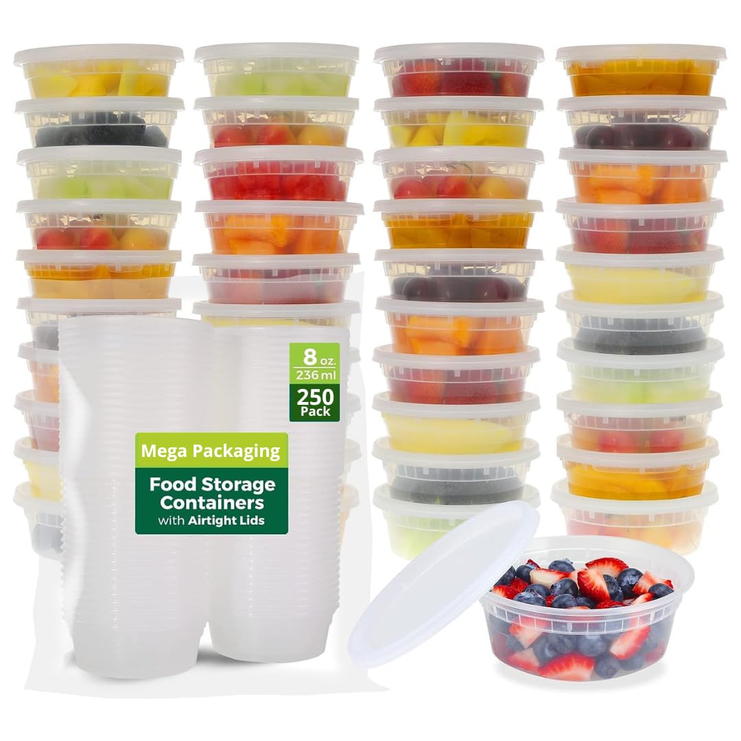 Mega Packaging (250 Pack 235ml - 8oz Round) Stackable Plastic Food Container Set With Lids - Reusable, Leakproof, Dishwasher & Microwave Safe, BPA Free Small Meal Prep Containers