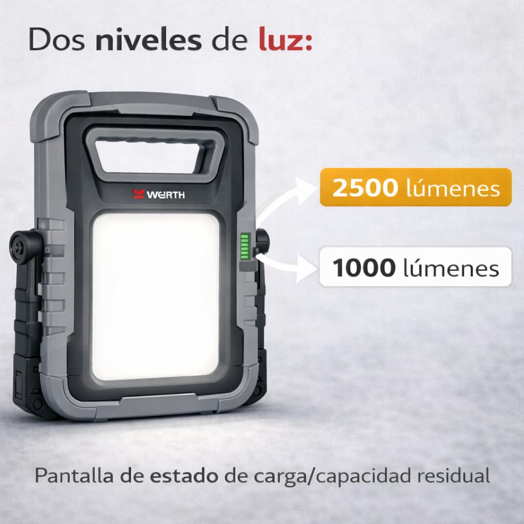 WÜRTH Luz de Trabajo LED Profesional 25W Ergopower Dual, Foco Portátil Recargable 2500 lm, Batería + Cable 3 m, Cargador para Coche 12/24V, USB Powerbank, Ideal para Taller y Obra (25, Vatios)