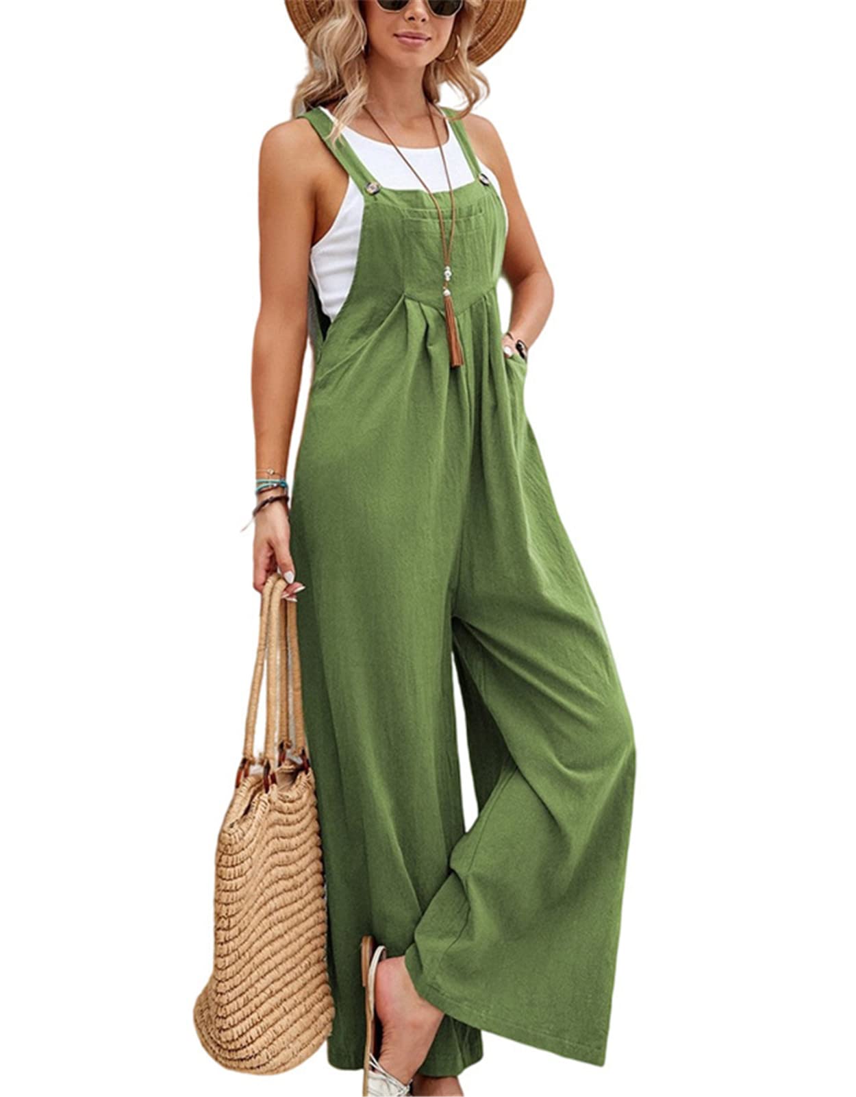 SotRong Salopette pour femme - Combinaison à jambes larges, poches et bretelles - Coupe ample - Style bohème - Sans manches - Tenue d’été