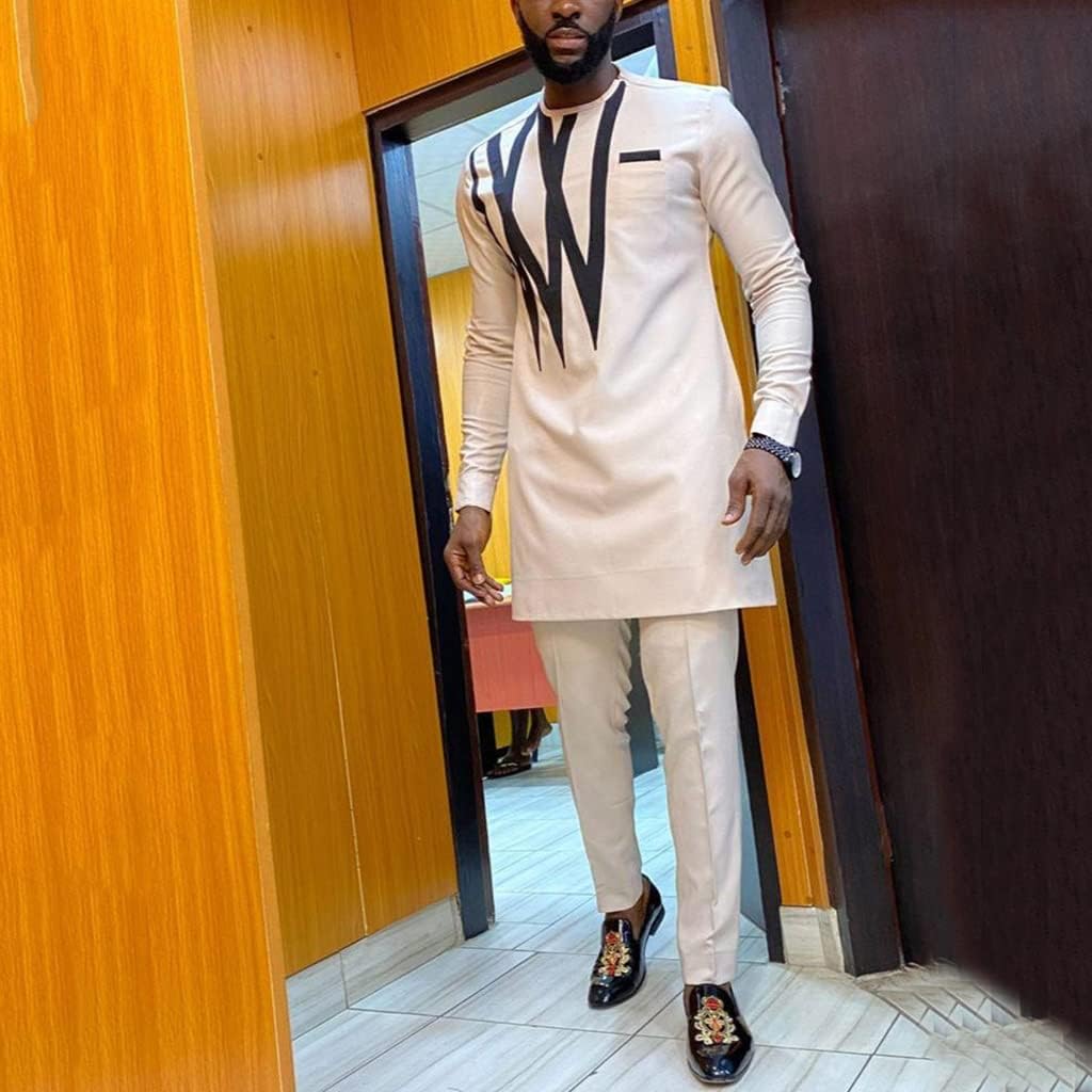 African Men Clothing 2 Pieces Set Dashiki Jacket Pants Shirts Long Sleeve Suit Outfits Outwear Top Trousers Tracksuit (Color : White, Size : Large)