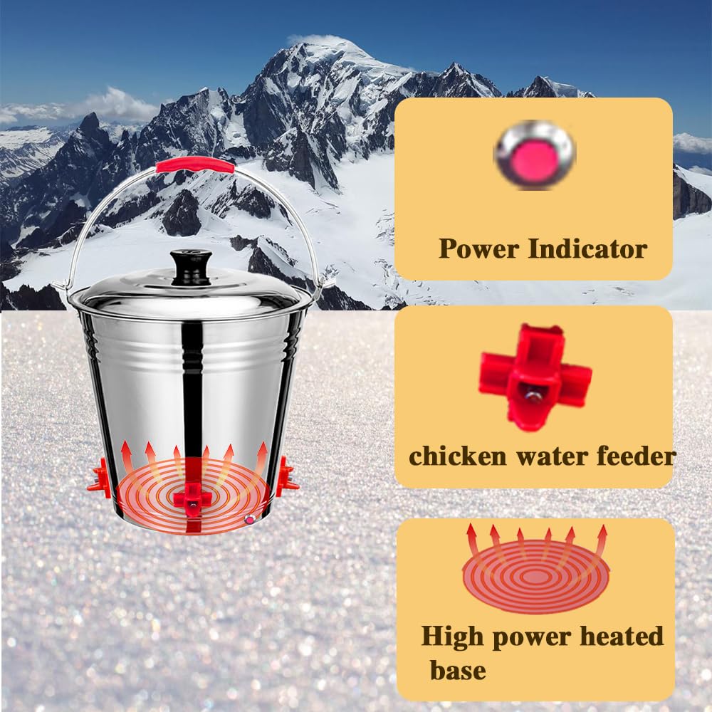 Stainless Steel Heated Chicken Waterer for Winter, 3 Gallon Chicken Waterer with Heater, High Capacity Heated Poultry Waterer for Chickens in Winter