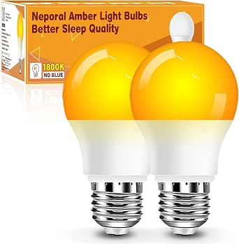 Neporal A15 Amber LED Light Bulb 1800K, True Blue Light Blocking Sleep Aid Bulb for Bedroom Nursery, 7W Replacement for 40W, Soft Warm Glow to Protect Melatonin, E26 Base (2, Amber)