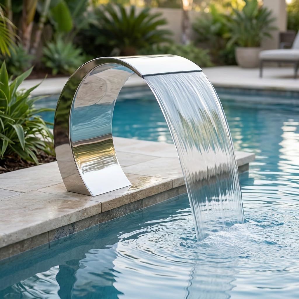 Pool Waterfall Fountain Cascada para Piscina Stainless Steel - Curved Water Feature for Inground Pools Above Ground Pools Outdoor Ponds Backyard Spa 23.6" H*11.8" W
