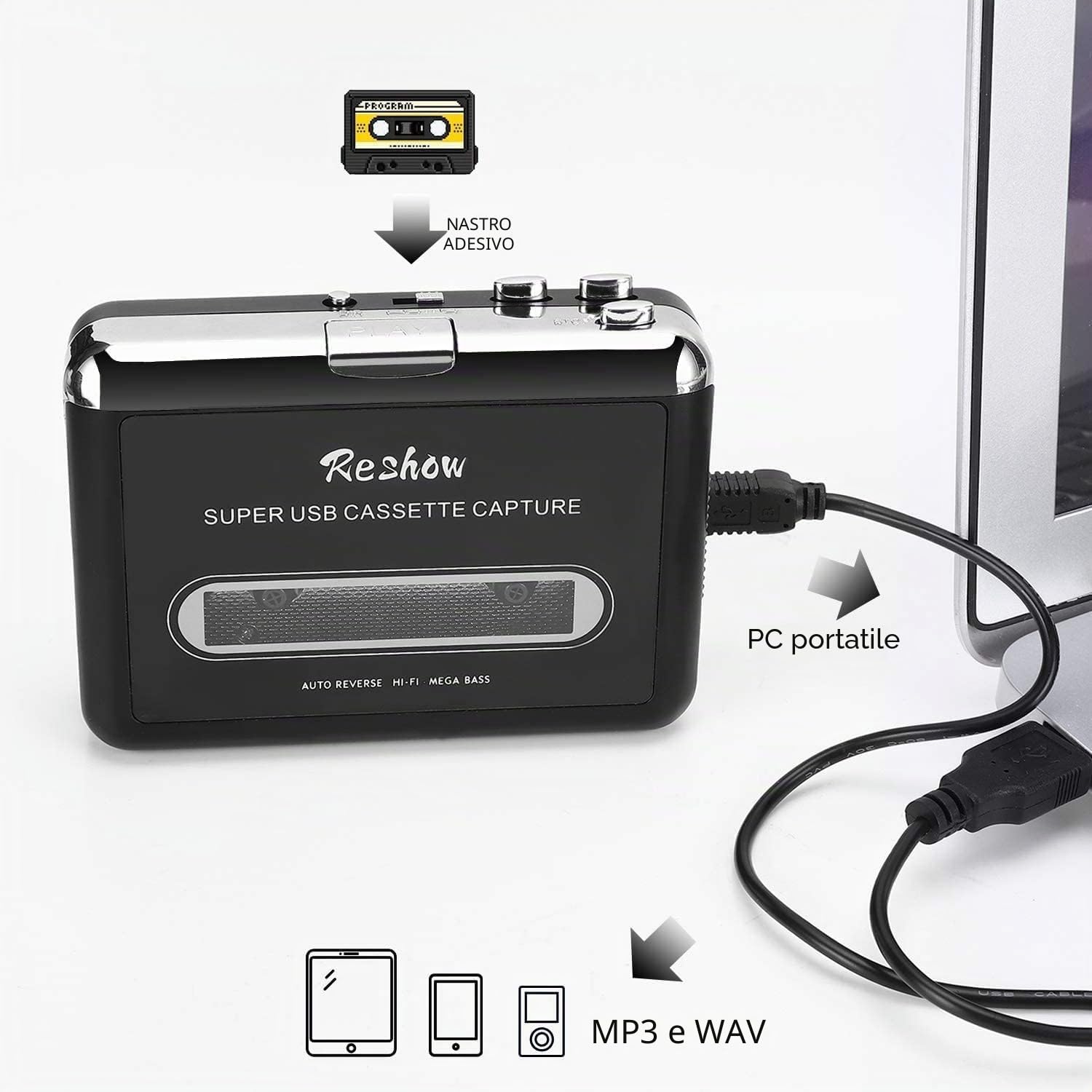 Reshow Przenośny Odtwarzacz Kaset Magnetofonowych, Nagrywanie Audio MP3 przez USB, Konwersja Kasety na MP3
