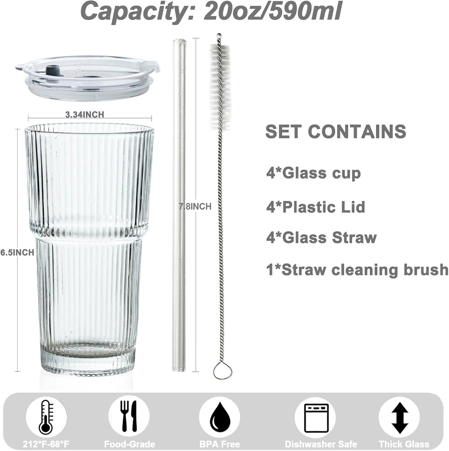 20oz Ribbed Drinking Glasses with Lids and Glass Straws-Thickened Glass cup -Vintage glass straw cups- Ideal for Iced Coffees, Cocktails, Juices, Family Use and Parties (4) - Image 2