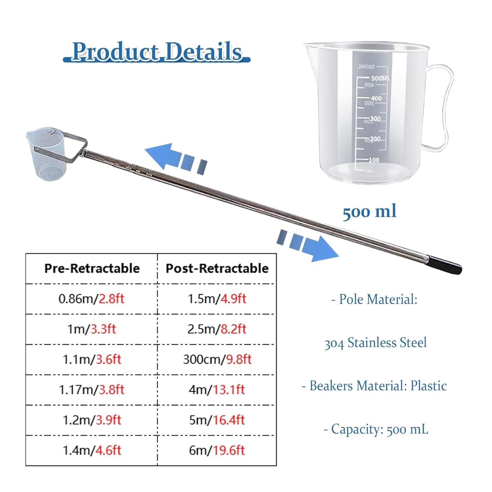 Genérico Muestreador de Agua telescópico de Metal de 500 ml, pértiga de muestreo de líquidos Ajustable con Vaso de precipitados de plástico y Escala, Ideal para análisis de ríos, Lagos y Piscinas, y