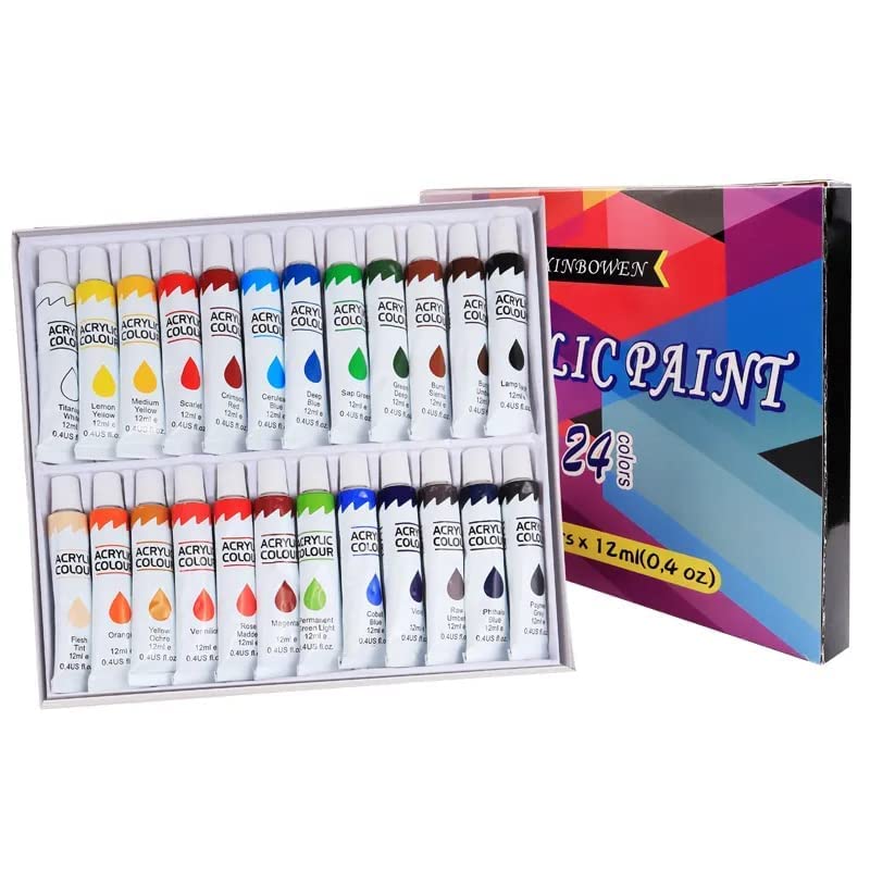 Image of INOG Acrylic Paint Set 24x12ml With 12 Brushes Artist Quality Non-Toxic Rich Pigments Colors Perfect for Kids Adults Beginners For Canvas Wood Clay Fabric Ceramic Crafts