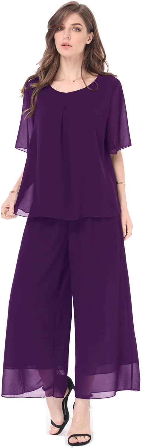 Women's 2 Piece Chiffon Sets Outfits Flowy Summer Casual Dressy Pantsuits Loose Double Layers Blouse Pants Sets