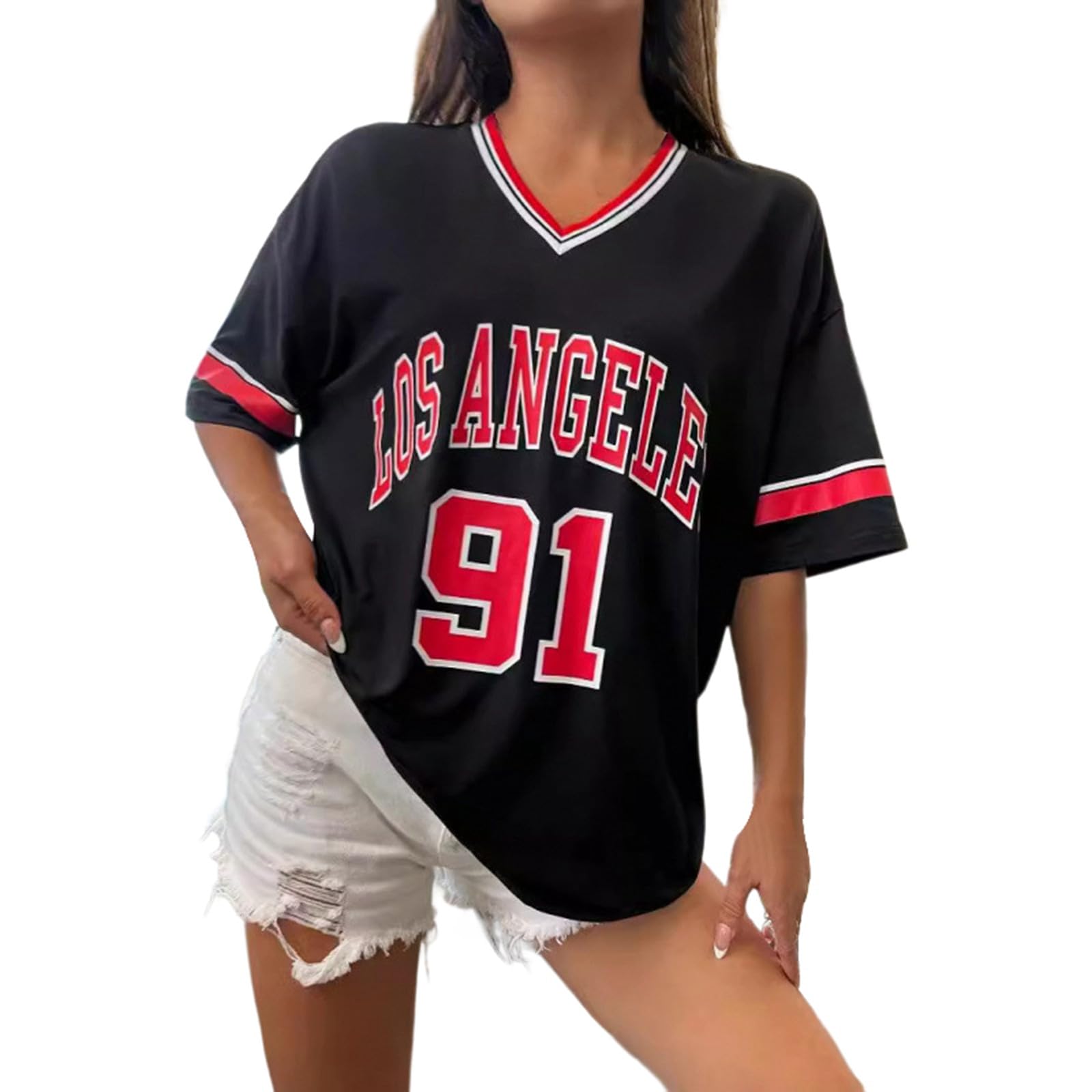 Women's Los Angeles Shirt Baseball Jerseys Oversized Y2k Number Shirts Graphic Striped Trim Casual Shirt V Neck Streetwear Striped Graphic Tee Casual Top Summer Sports Shirt, O Black, M