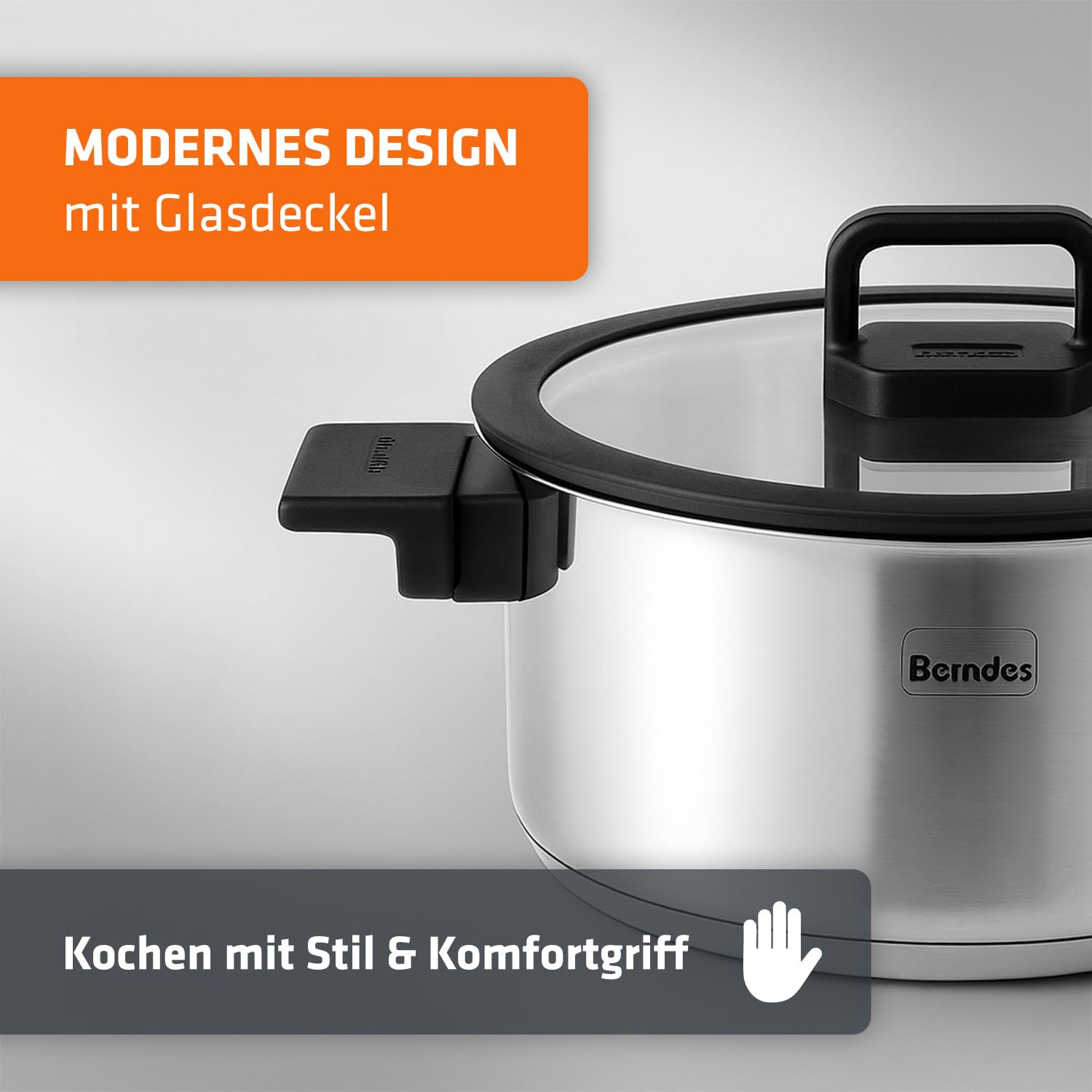 Berndes stapelbares Edelstahl-Topfset 8-teilig Raumwunder l geringer Stauraum l 3x Kochtopf mit Deckel, 1x Dünsteinsatz, 1x Wasserbad oder Rührschüssel l platzsparend l Induktion
