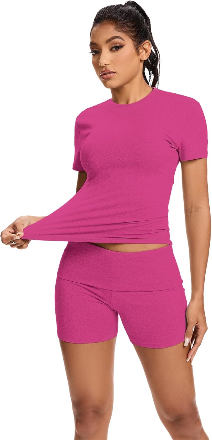 qfmqkpi Women Workout 2 Piece sets Short Sleeve Tops Slim Foldover Shorts Matching Gym Outfits Tracksuit - Image 2