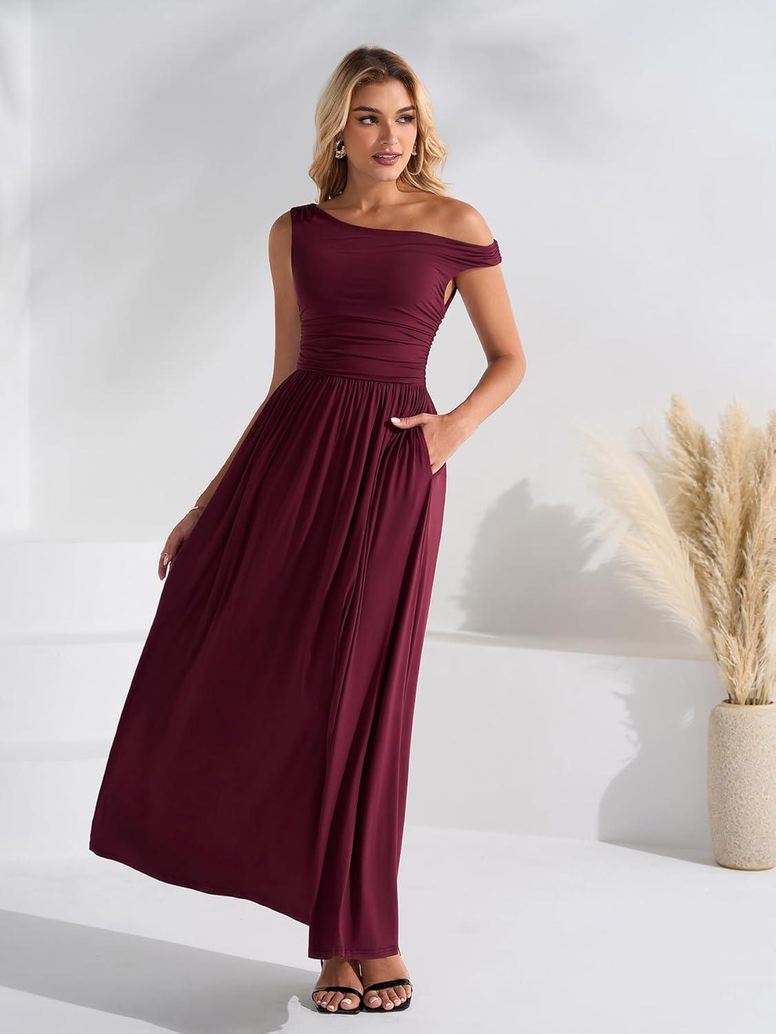 One Shoulder Maxi Dress Summer Casual A Line Wedding Guest Long Formal Dresses with Pockets - Image 4