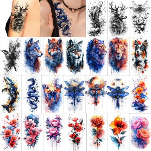 GLARYYEARS Temporary Tattoos for Women, 24-Pack Large Fake Tattoos, Long-lasting Animal Tattoos, Butterfly Flower Dragonfly Design Variety Pack Realistic Tattoos 3D, Sexy on Half Arm Leg Back Body