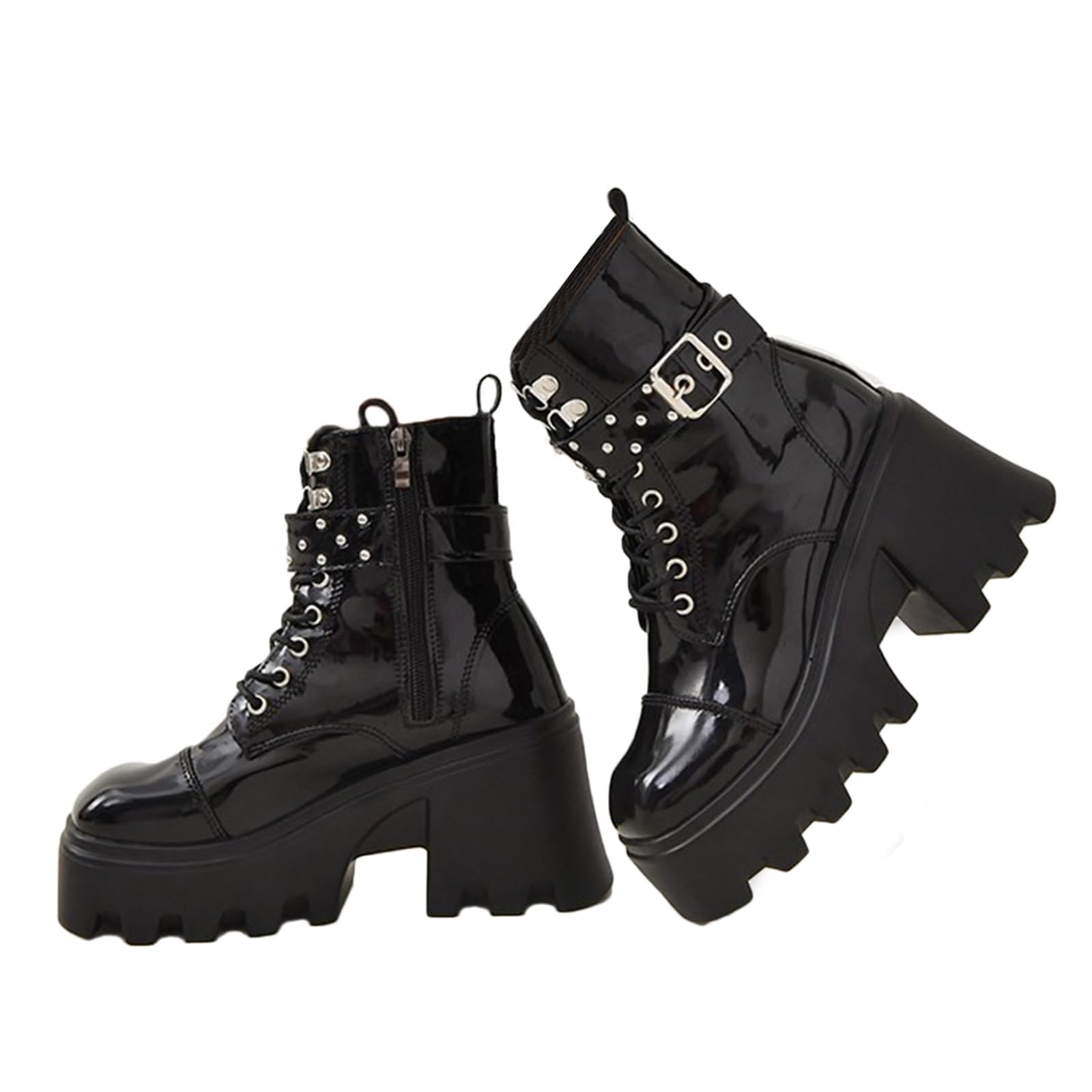 Womens High Heel Combat Boots Square Toe Lace Up Ankle Booties Wedge Chunky Platform Zipper Bootie Shoes