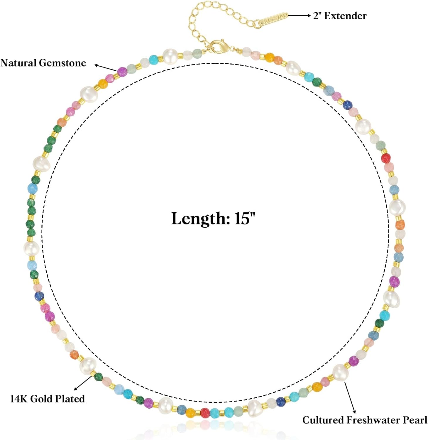 KissYan Beaded Choker Necklace for Women, Colorful Natural Gemstones Pearl Choker 14K Gold Plated Pendant Healing Crystal Necklace Handmade Stone Jewelry Gift - Image 6