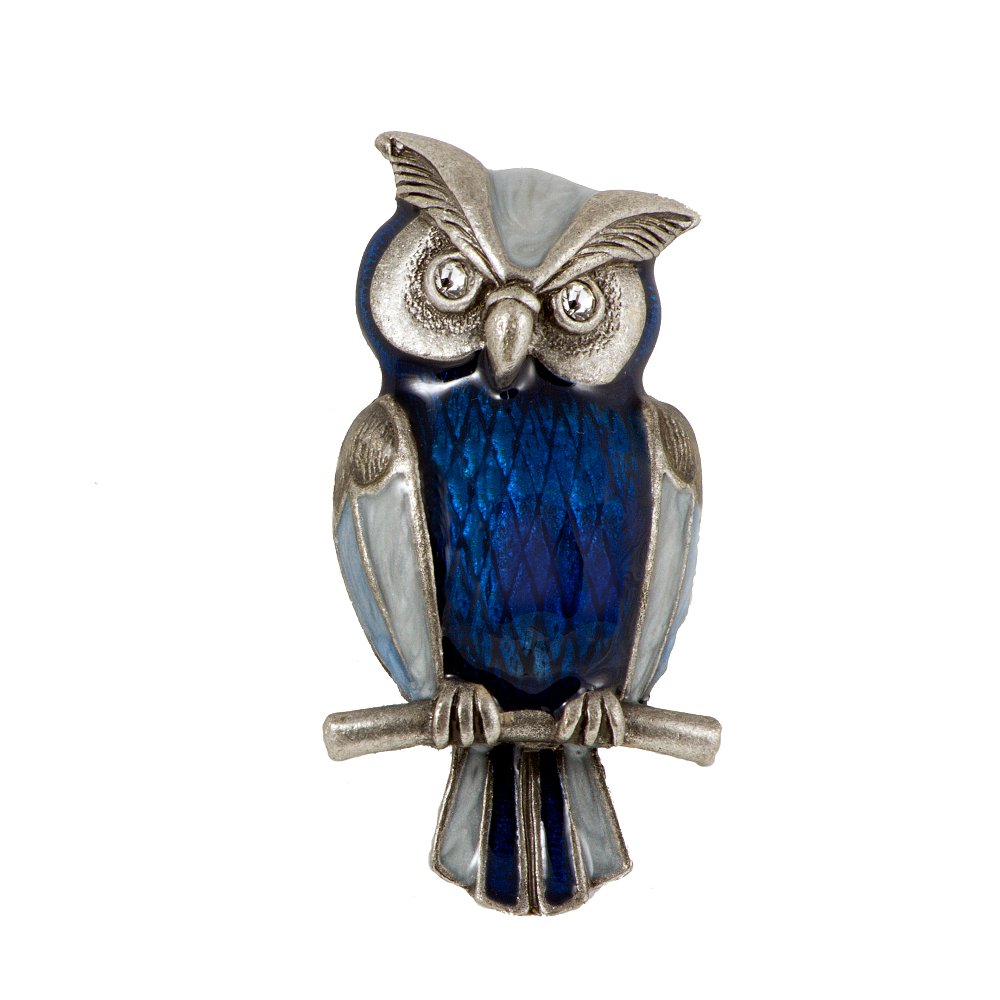 Broche chouette bleu émail, strass, pour veste manteau robe foulard sac à la main, peinte à la main