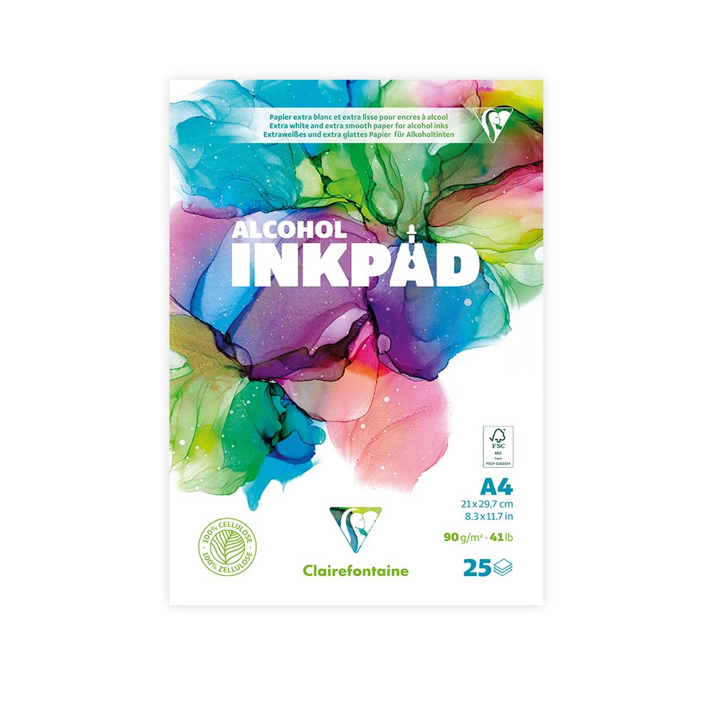 Clairefontaine 976107C Glued Pad Alcohol Inkpad A4 21x29.7 cm 90g - 25 Sheets Extra White Alcohol Ink Paper - Ideal for Fluid Painting with Alcohol Inks