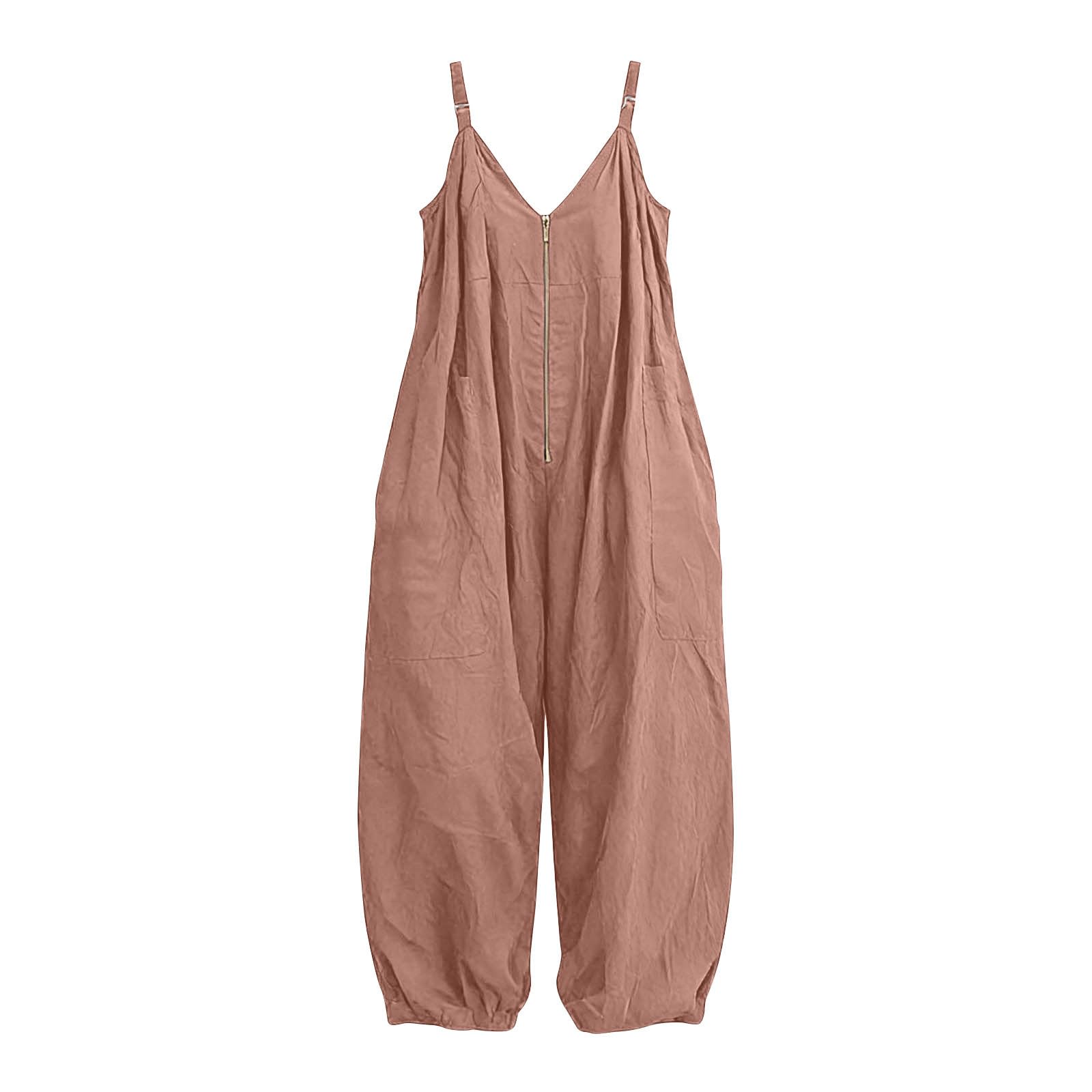 Monos Largo de Cuello en V con Media Cremallera para Mujer Sueltos Casual Overol de Pinerna Ancha con Bolsillos Cómodo Mameluco Sin Mangas Baggy Jumpsuit Playa