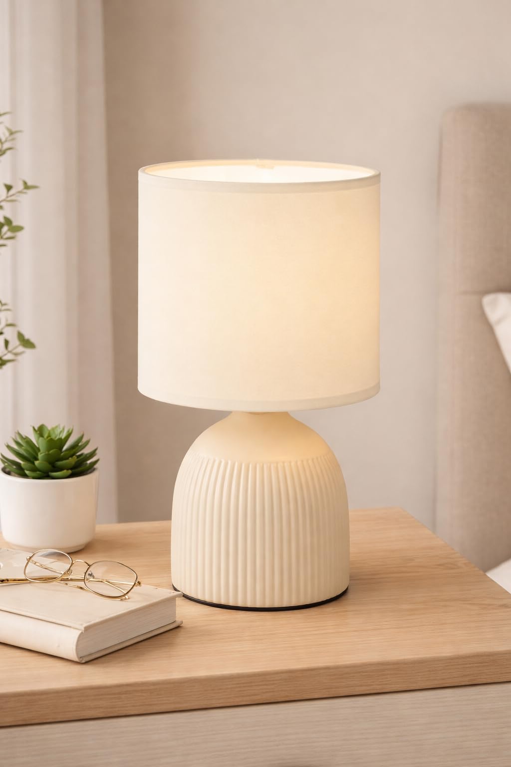 Mini Ribbed Bedside Lamp,Modern Table Light with Textured Ribbed Base, Small Nightstand Lamp for Bedroom, Desk, Shelf or Living Room Décor-A61 (Cream)