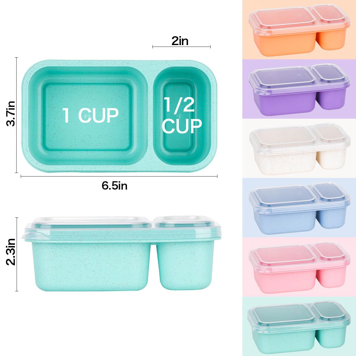 DOSEWART 2-Compartment Reusable Snack Containers with Lids Wheat Straw Reusable Snack Packs for Meal Prep Food Storage on-the-go Snacking(6Pack)
