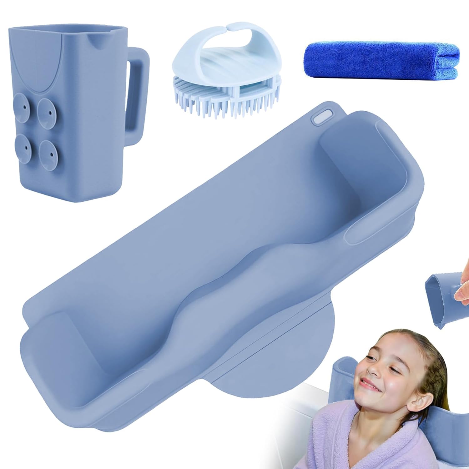 Portable Hair Washing Station for Kids, Silicone Hair Wash Basin with Suction Rinse Cup, Tear-Free Shampoo Bowl with Absorbent Towel and Shampoo Massage Brush for Sink or Bathtub(Purple)