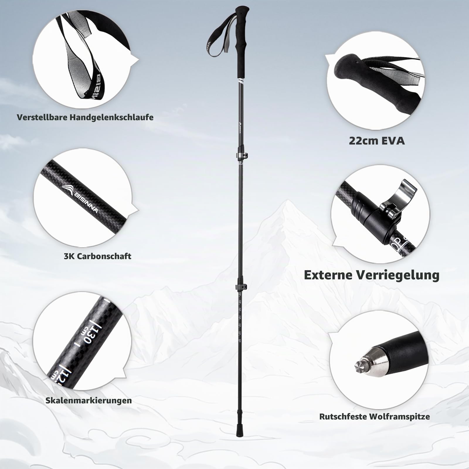 BISINNA Carbon Wanderstöcke – Ultraleichte Trekkingstöcke mit Eva-Griffen | Unisex für Damen und Herren, geeignet zum Wandern, Nordic Walking & Skitouren