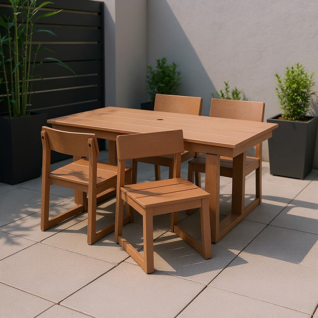 KEIKI Patio Dining Table Sets 5-Piece, Outdoor Dining Furniture Set with Umbrella Hole Cut-Out Table and 4 Chairs, All Weather Dining Set Without Armrestsfor Lawn, Garden, Backyard, Poolside, Brown