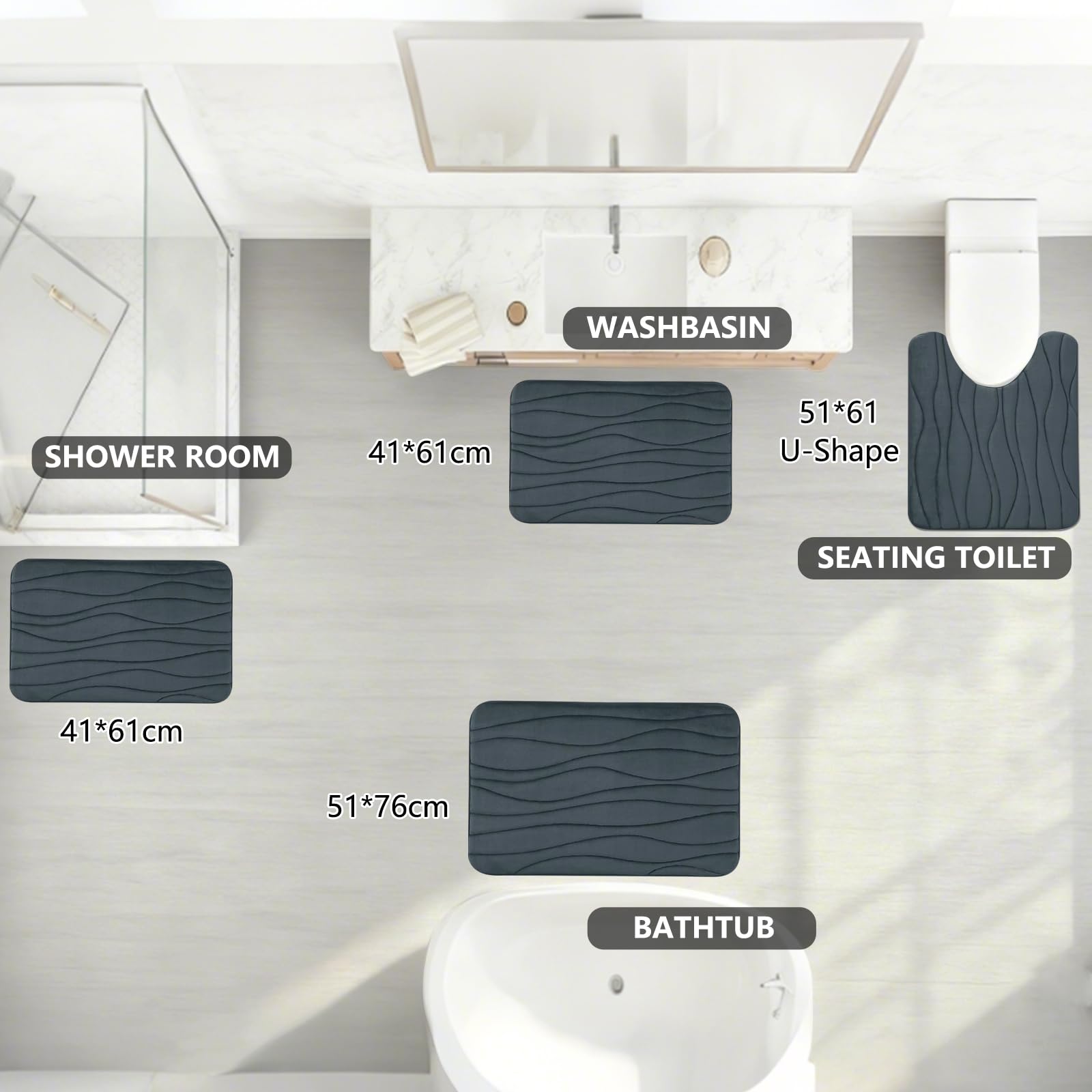 Homcomodar Set di 3 tappetini da bagno in morbida memory foam, assorbenti, lavabili, antiscivolo, per doccia, bagno, decorazione per bagno (grigio scuro)