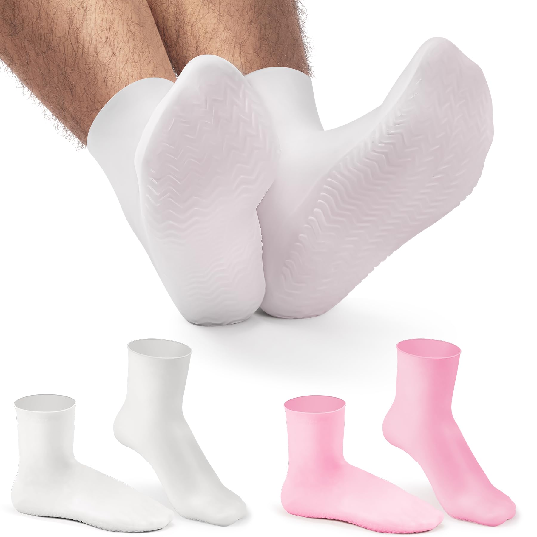 Men's Silicone Moisturizing Socks 2 Pairs Pink/White, US Size 10 Extra Large Post-Pedicure Recovery Overnight Use, Long-Lasting Comfort Deep Hydration Foot Care for Dry, Cracked Skin & Calluses