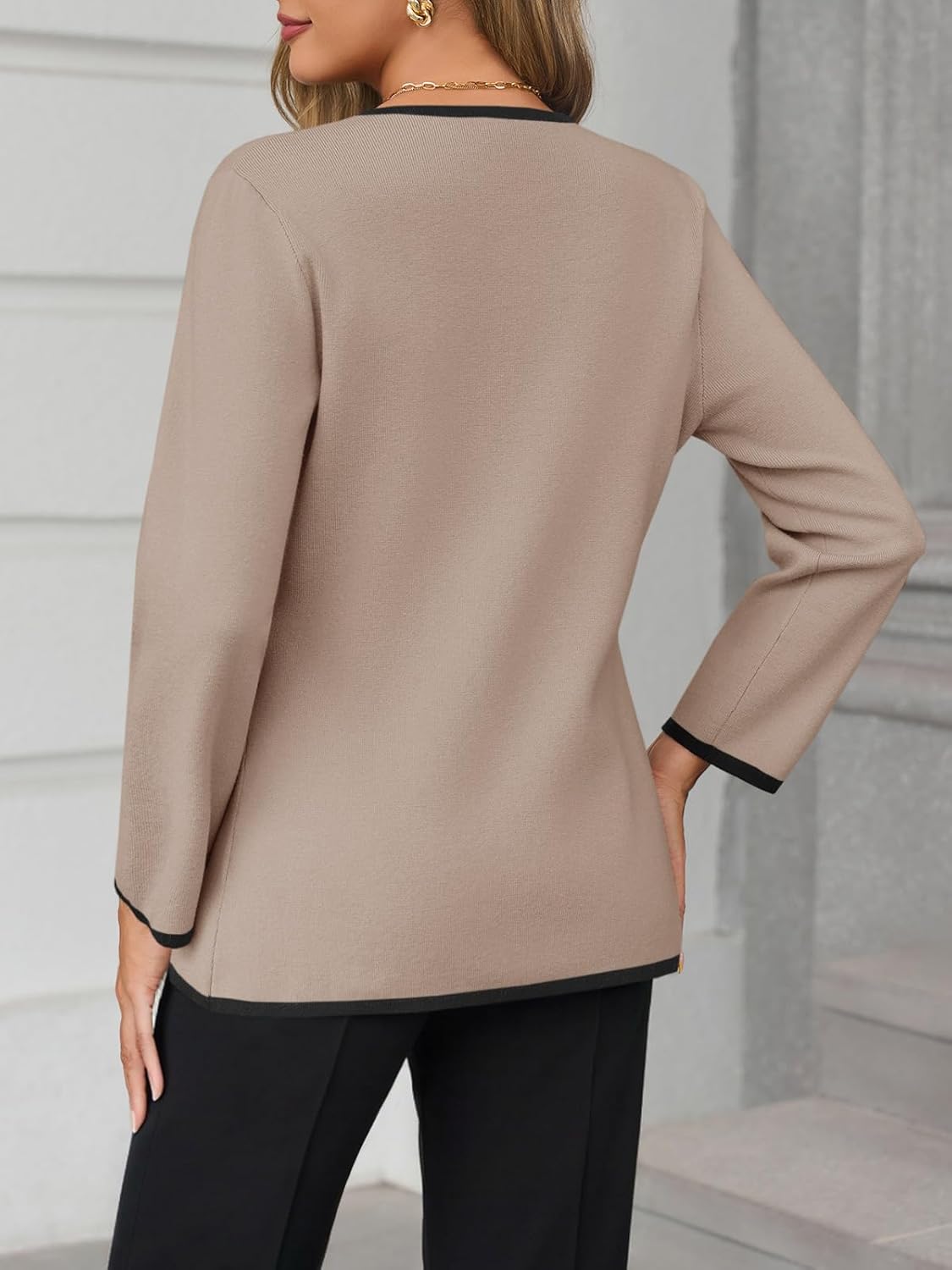 Saodimallsu Womens V Neck Cardigan Sweaters Long Sleeve Button Dressy Casual Color Block Knit Sweater Blazer - Image 5