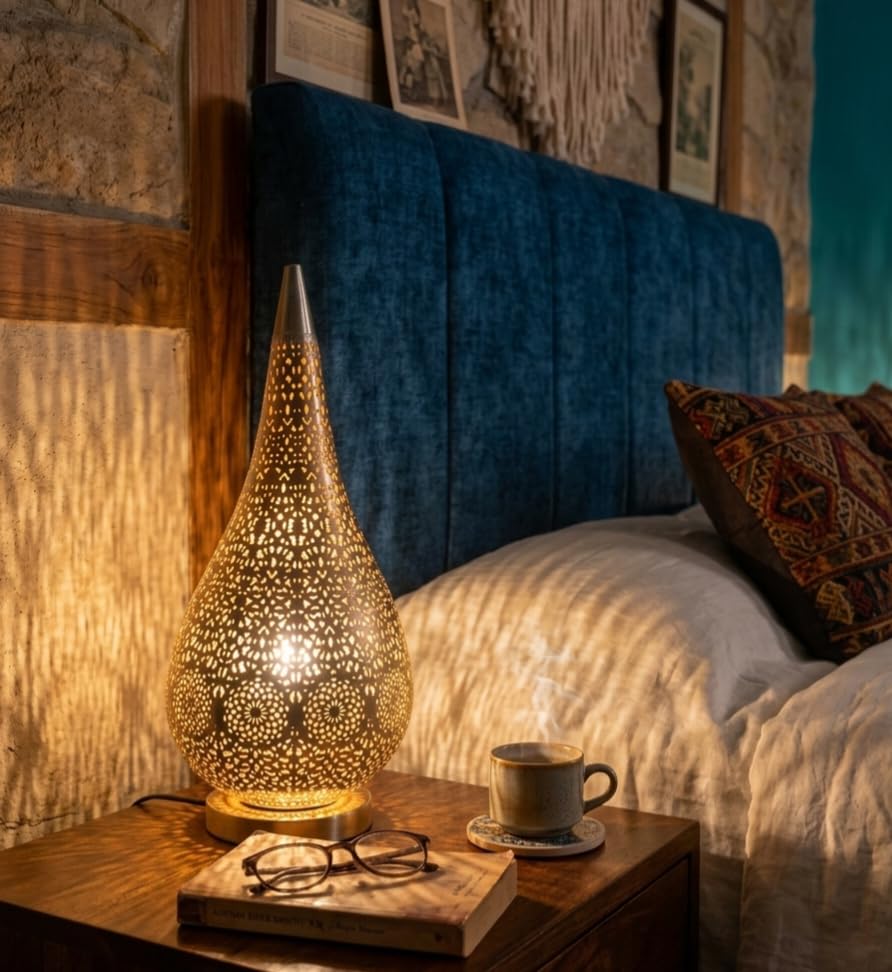 Decorative Metal Brass Table Lamp 12 Inch – Vintage Moroccan Style LED Lamp for Living Room, Bedroom & Home Décor | Warm Ambient Lighting | 6 Inch Base (Teardrop)-picture-18