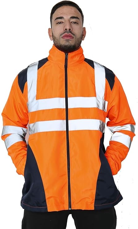 Hi Vis Rain Jacket Mens High Visibility Waterproof Reflective Tape Band Safety Zipper Hooded Top Lightweight Sizes S to 5XL